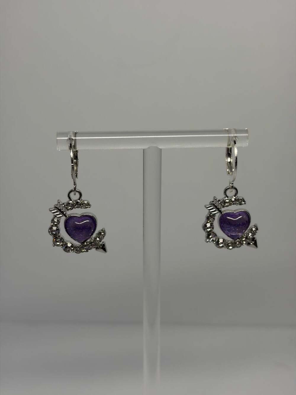 Stainless Steel Silver Tone Y2K Purple Heart Gem Dangle Hoop Earrings